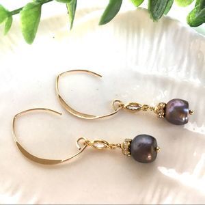 Pearl and gold long drop earrings